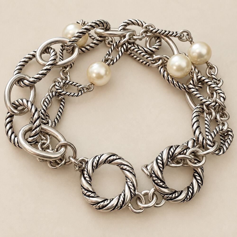 Premier Designs multi strand silver tone and faux pearl bracelet